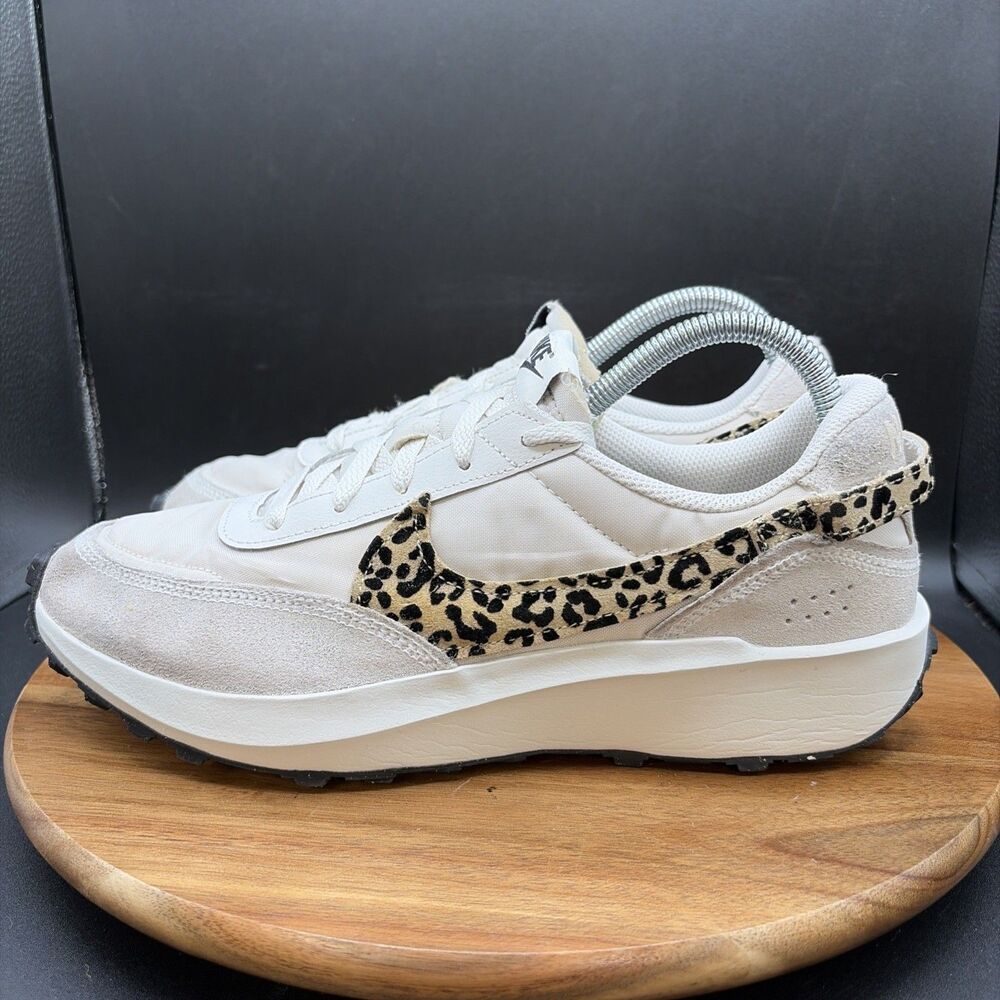Nike Women's White Cream Athletic Sneakers with Leopard Swoosh